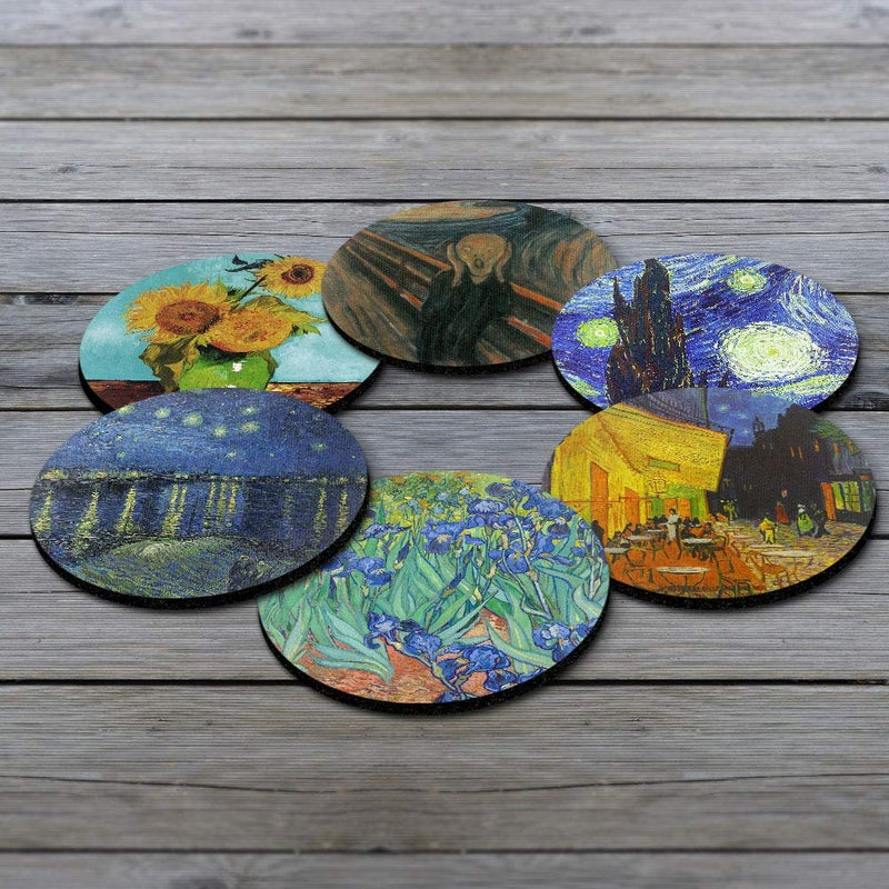 CARIBOU Coasters - Sunflowers Van Gogh, The Scream, Starry Night, Cafe Terrace, Irises, The Starry Night Over The Rhone Design Absorbent ROUND Fabric Felt Neoprene Coasters for Drinks, 6pcs Set - Image 2